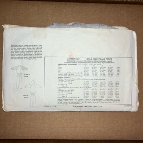 Kwik Sew Pattern #1371 Girls jogging suit hooded/not hooded zipped/pullover asis - Picture 2 of 2